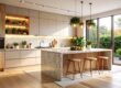 Cozy modern kitchen with a terrazzo countertop, wooden accents, warm ambient lighting