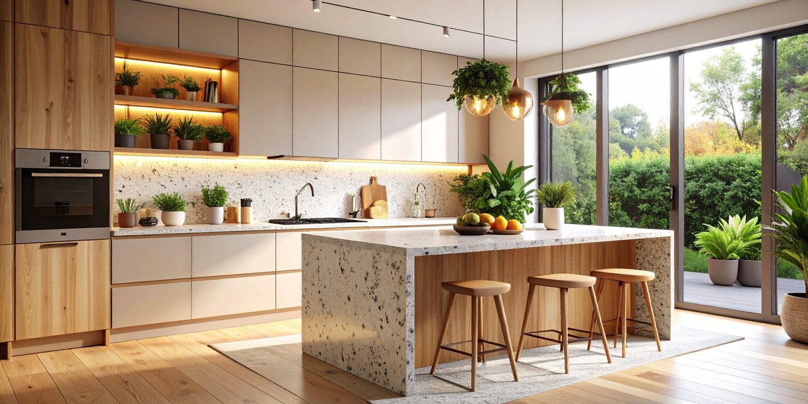 Cozy modern kitchen with a terrazzo countertop, wooden accents, warm ambient lighting Cozy modern kitchen with a terrazzo countertop, wooden accents, warm ambient lighting