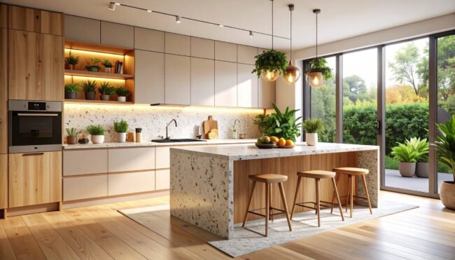 Cozy modern kitchen with a terrazzo countertop, wooden accents, warm ambient lighting Cozy modern kitchen with a terrazzo countertop, wooden accents, warm ambient lighting